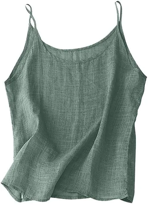 Cotton Linen Tank Top for Women Sleeveless Spaghetti Strap Camisole Summer Beach Vacation Tops Casual Travel Clothes