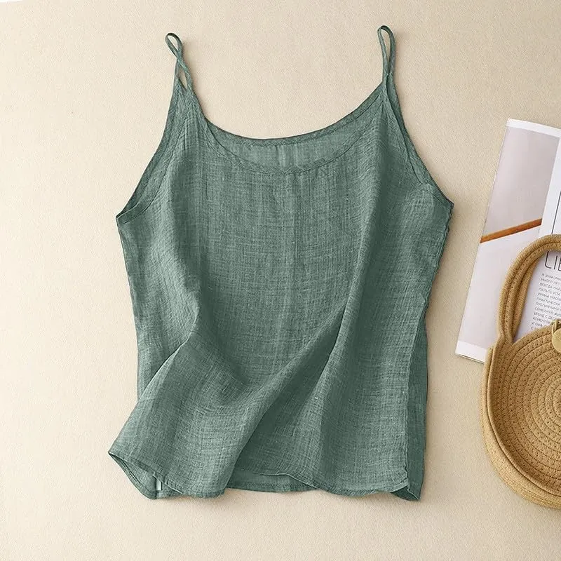 Cotton Linen Tank Top for Women Sleeveless Spaghetti Strap Camisole Summer Beach Vacation Tops Casual Travel Clothes