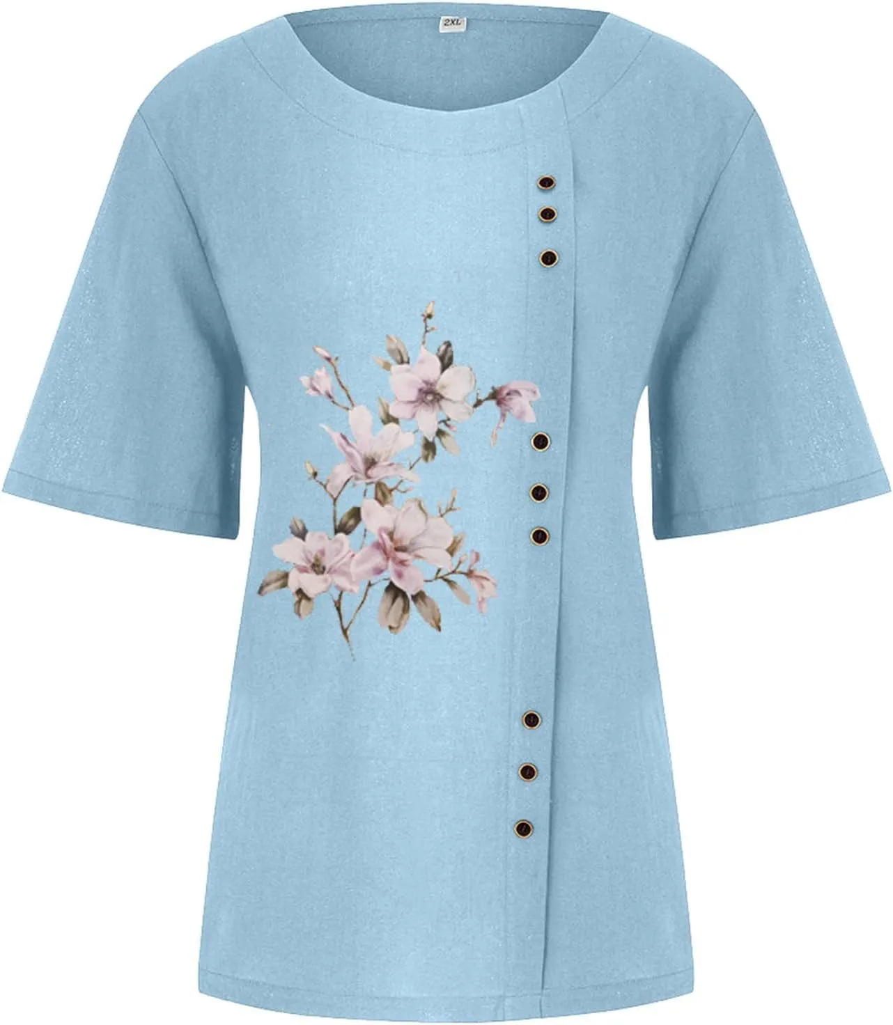 Cotton Linen Tops for Women Loose Fit Casual Roll Up Short Sleeve T-Shirt Trendy Cute Floral Print Casual Blouse