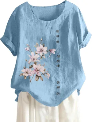 Cotton Linen Tops for Women Loose Fit Casual Roll Up Short Sleeve T-Shirt Trendy Cute Floral Print Casual Blouse