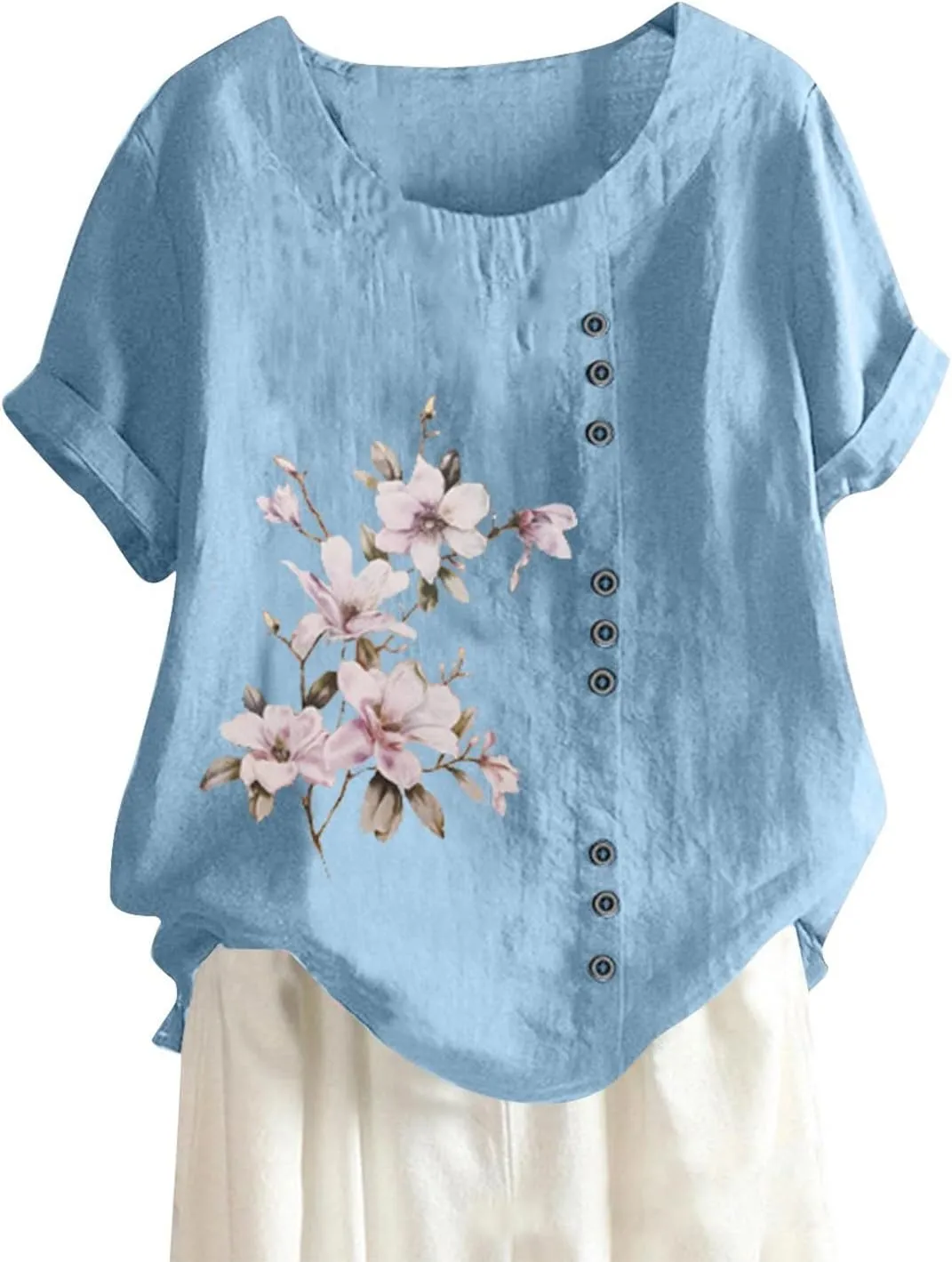 Cotton Linen Tops for Women Loose Fit Casual Roll Up Short Sleeve T-Shirt Trendy Cute Floral Print Casual Blouse