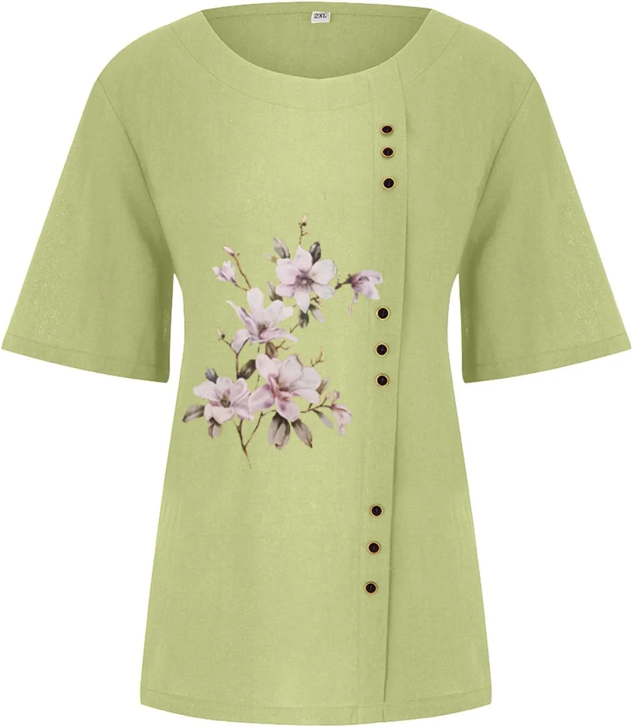Cotton Linen Tops for Women Loose Fit Casual Roll Up Short Sleeve T-Shirt Trendy Cute Floral Print Casual Blouse