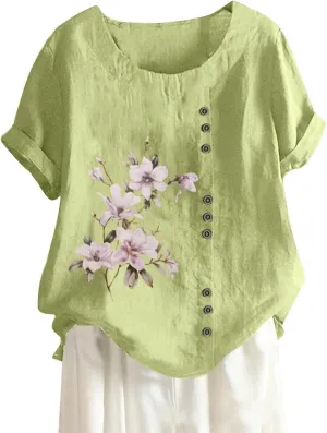Cotton Linen Tops for Women Loose Fit Casual Roll Up Short Sleeve T-Shirt Trendy Cute Floral Print Casual Blouse
