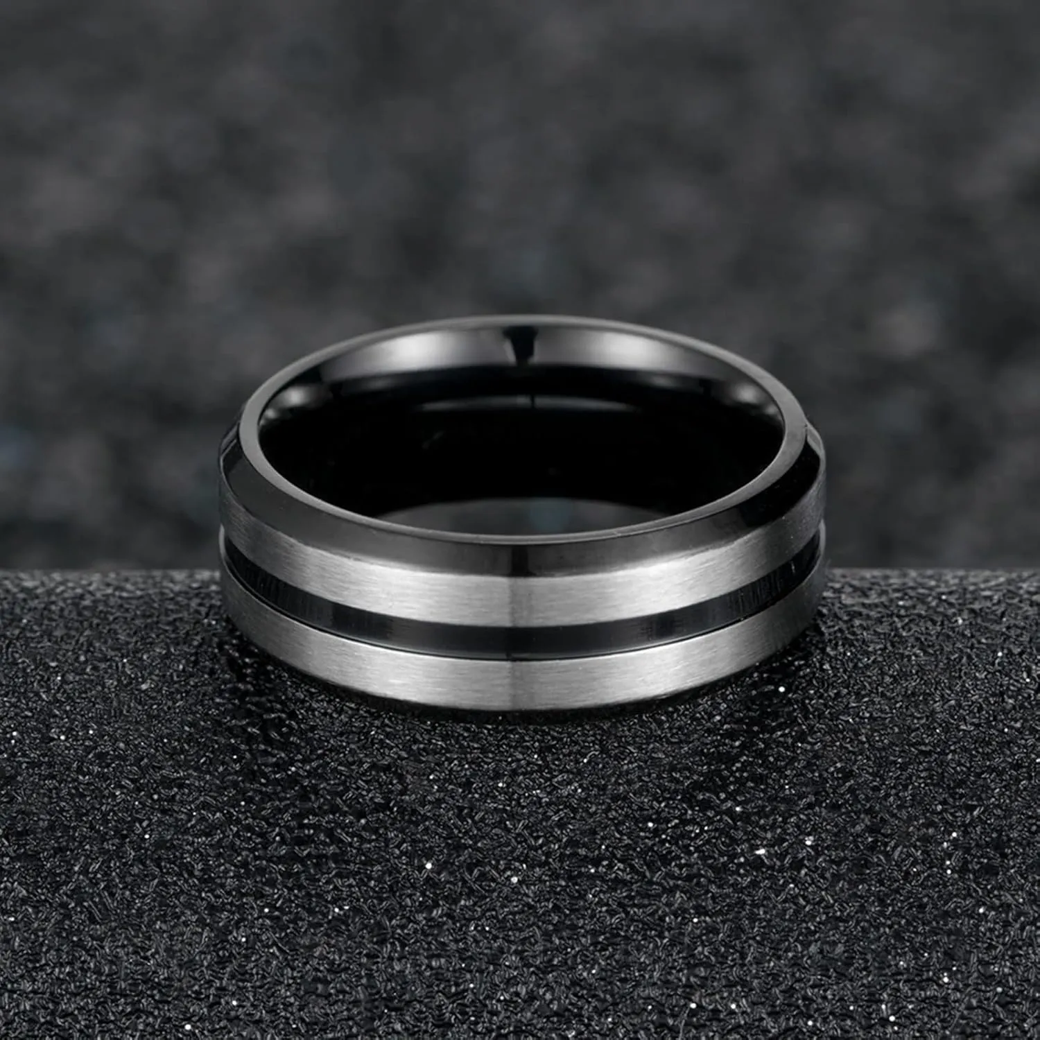 Couple Rings for Him and Her Sets, Stainless Steel Wedding Rings Sets for Couples Comfort Fit Black Silver Brushed Ring 8mm