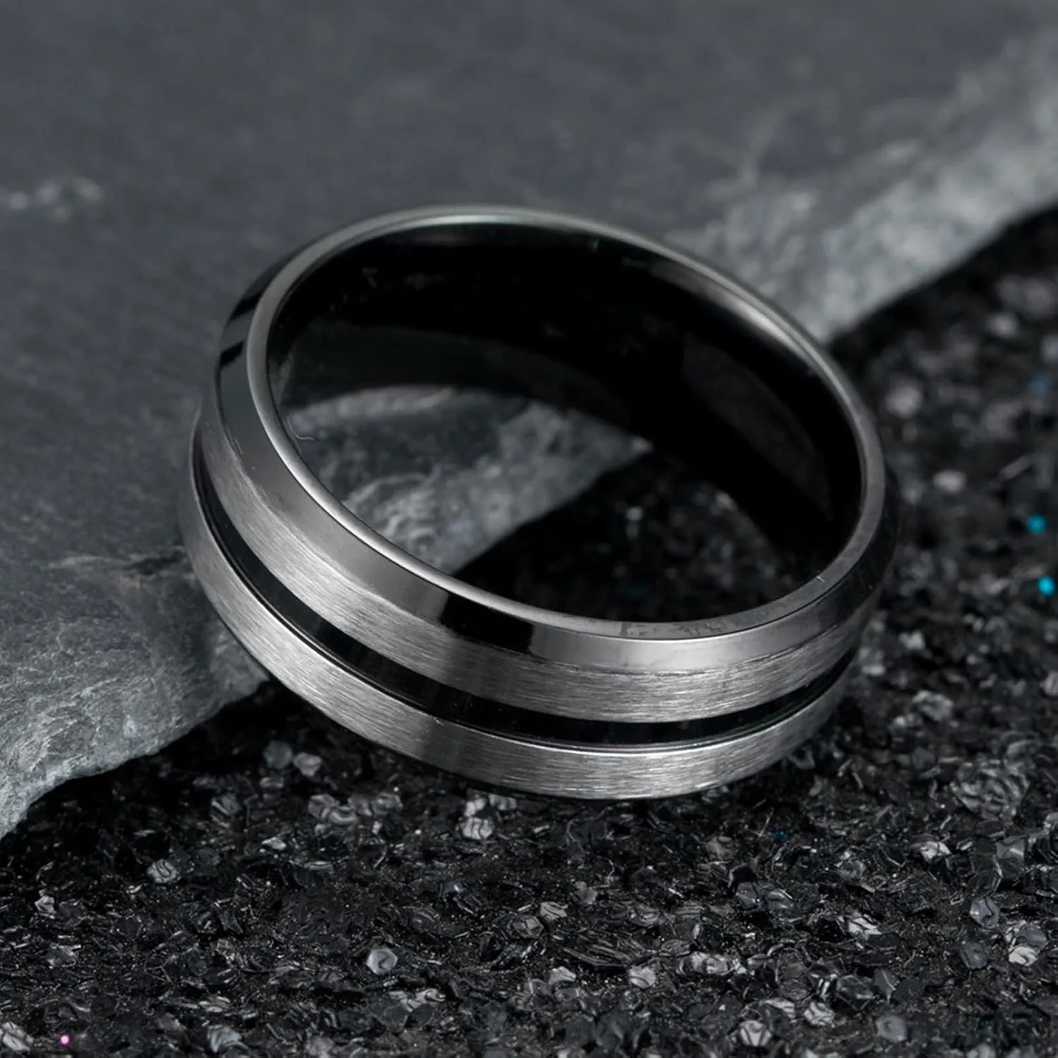 Couple Rings for Him and Her Sets, Stainless Steel Wedding Rings Sets for Couples Comfort Fit Black Silver Brushed Ring 8mm