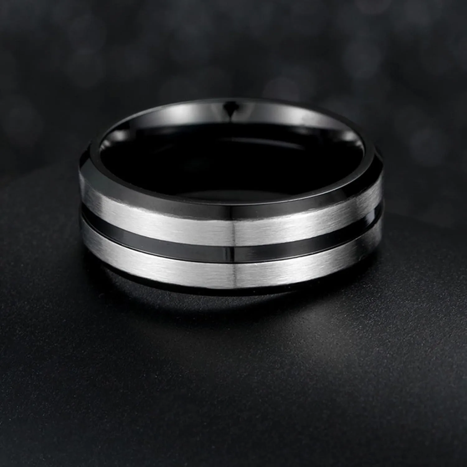Couple Rings for Him and Her Sets, Stainless Steel Wedding Rings Sets for Couples Comfort Fit Black Silver Brushed Ring 8mm