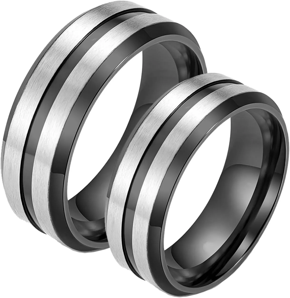 Couple Rings for Him and Her Sets, Stainless Steel Wedding Rings Sets for Couples Comfort Fit Black Silver Brushed Ring 8mm