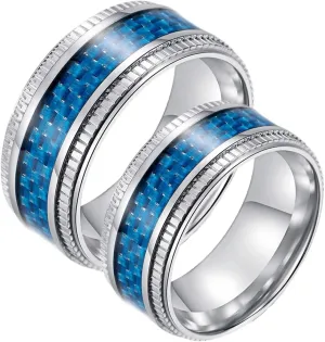 Couples Rings for Him and Her Set Promise Rings, Stainless Steel Couples Wedding Rings Set Comfort Fit Blue Carbon Fiber Rings Silver 9.5mm
