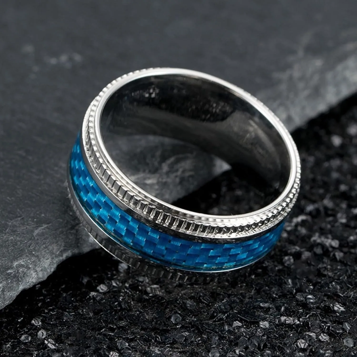 Couples Rings for Him and Her Set Promise Rings, Stainless Steel Couples Wedding Rings Set Comfort Fit Blue Carbon Fiber Rings Silver 9.5mm