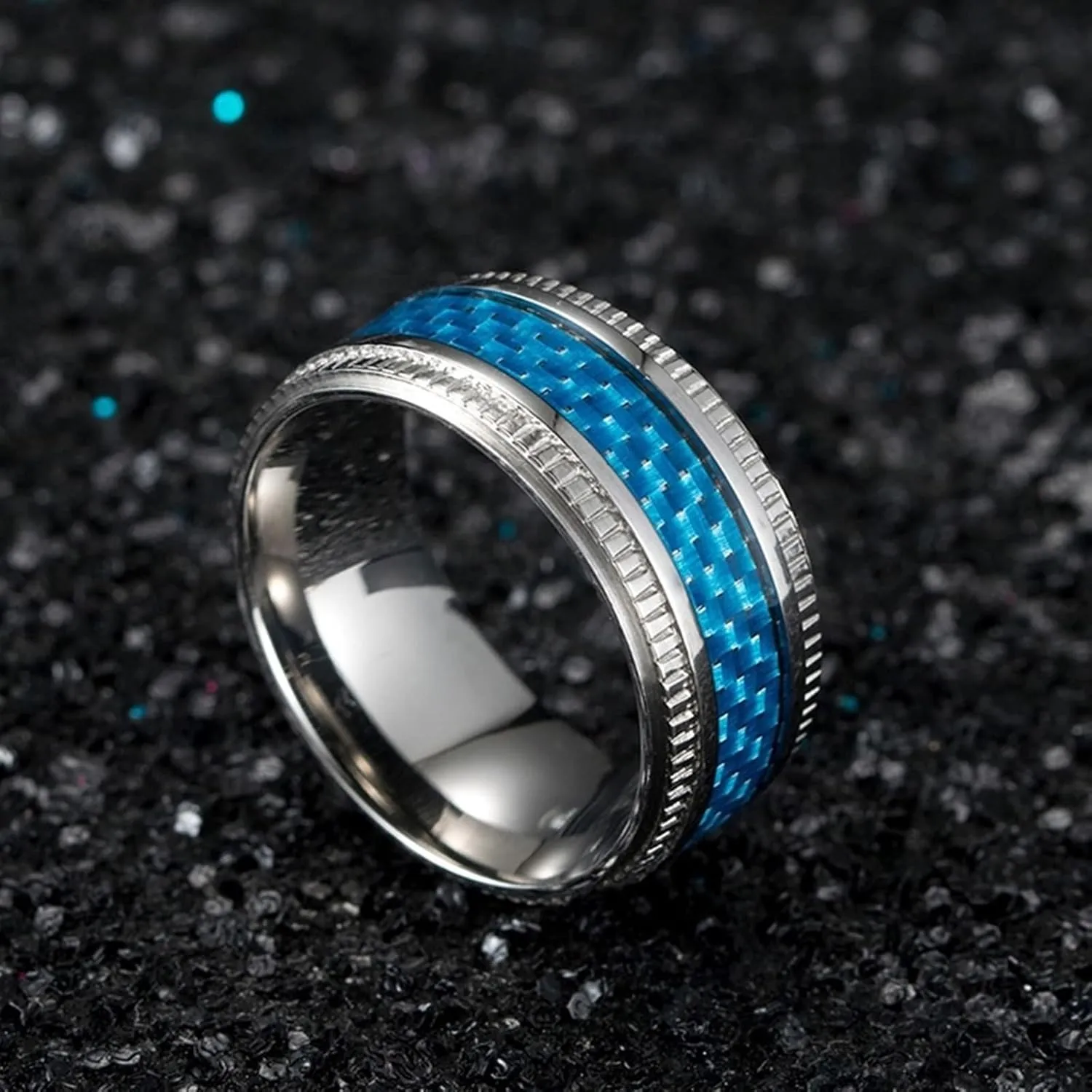Couples Rings for Him and Her Set Promise Rings, Stainless Steel Couples Wedding Rings Set Comfort Fit Blue Carbon Fiber Rings Silver 9.5mm