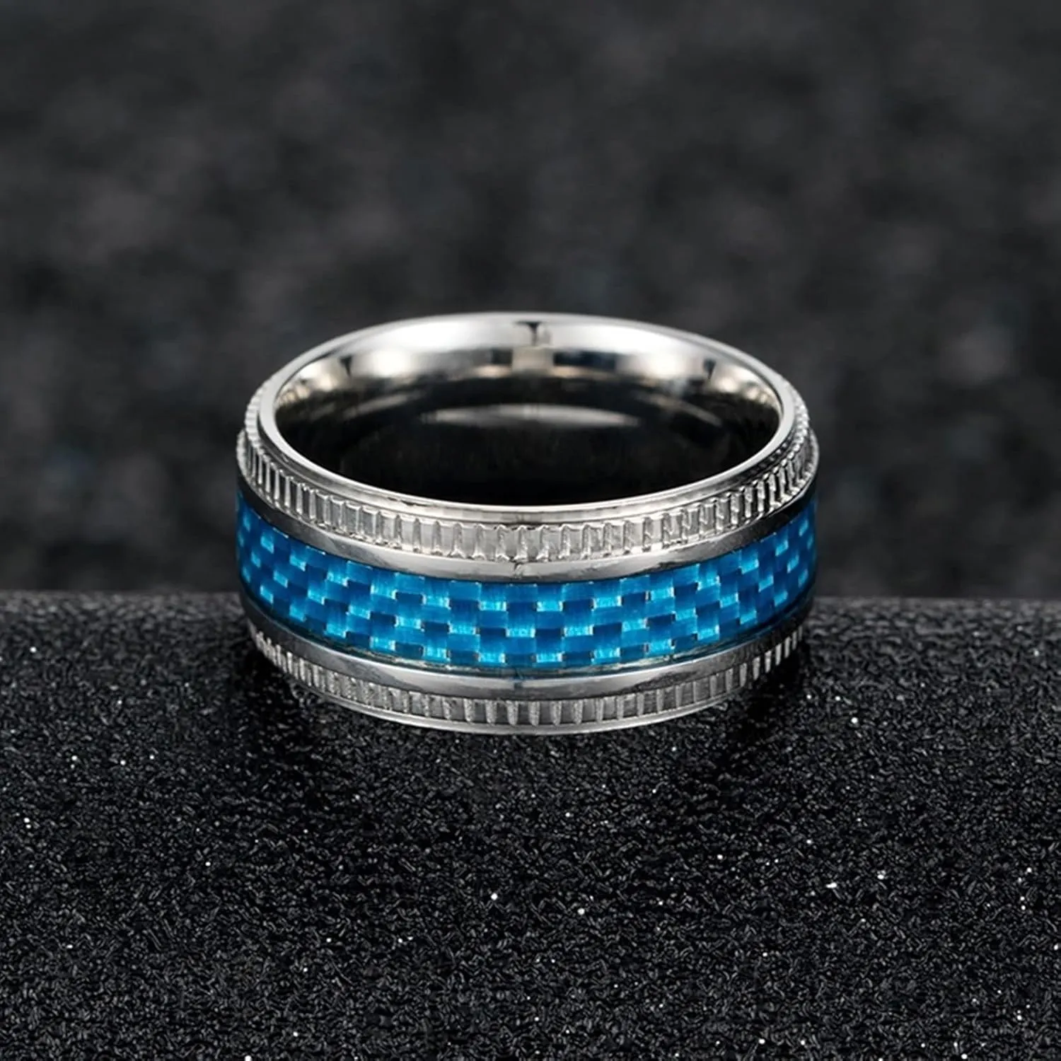 Couples Rings for Him and Her Set Promise Rings, Stainless Steel Couples Wedding Rings Set Comfort Fit Blue Carbon Fiber Rings Silver 9.5mm