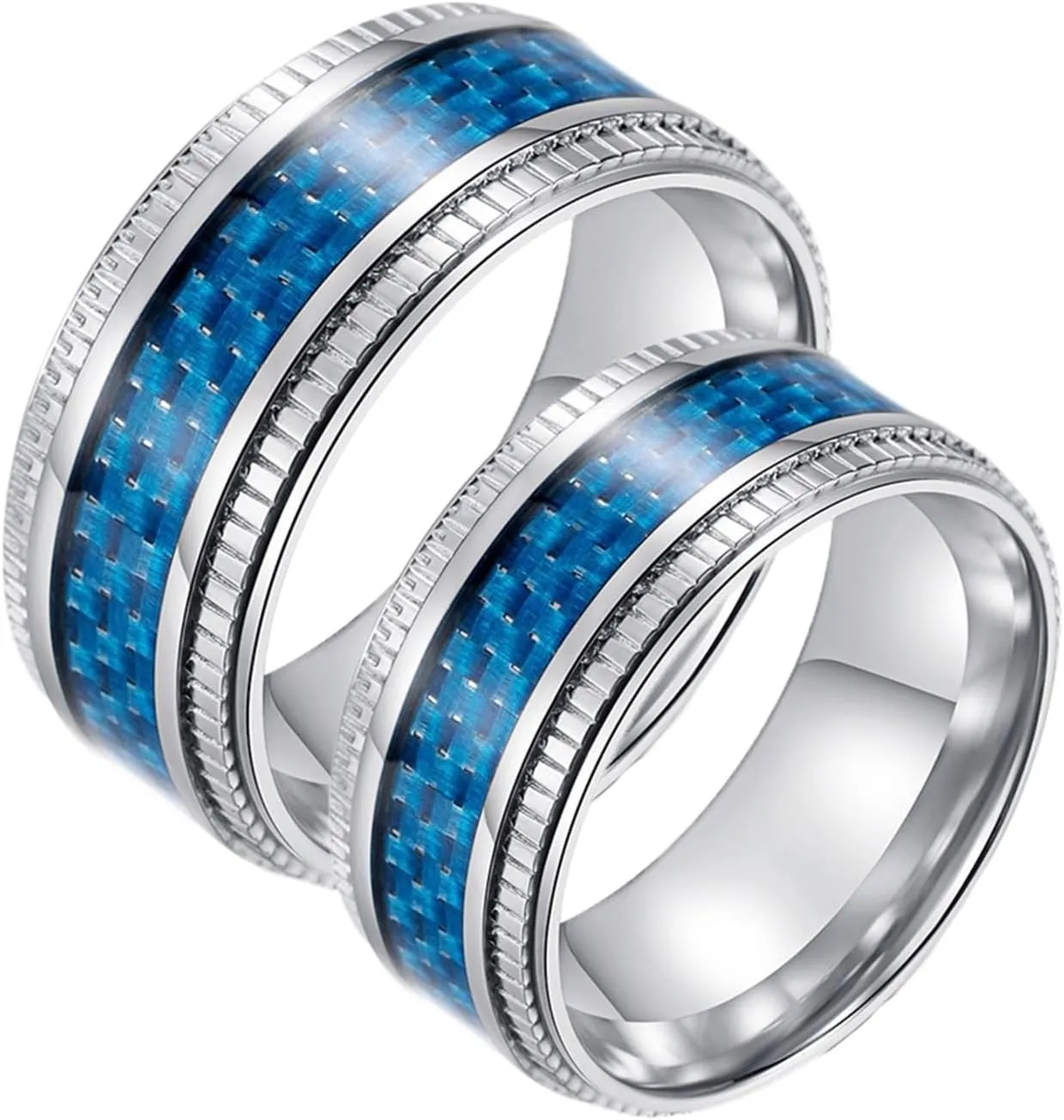 Couples Rings for Him and Her Set Promise Rings, Stainless Steel Couples Wedding Rings Set Comfort Fit Blue Carbon Fiber Rings Silver 9.5mm