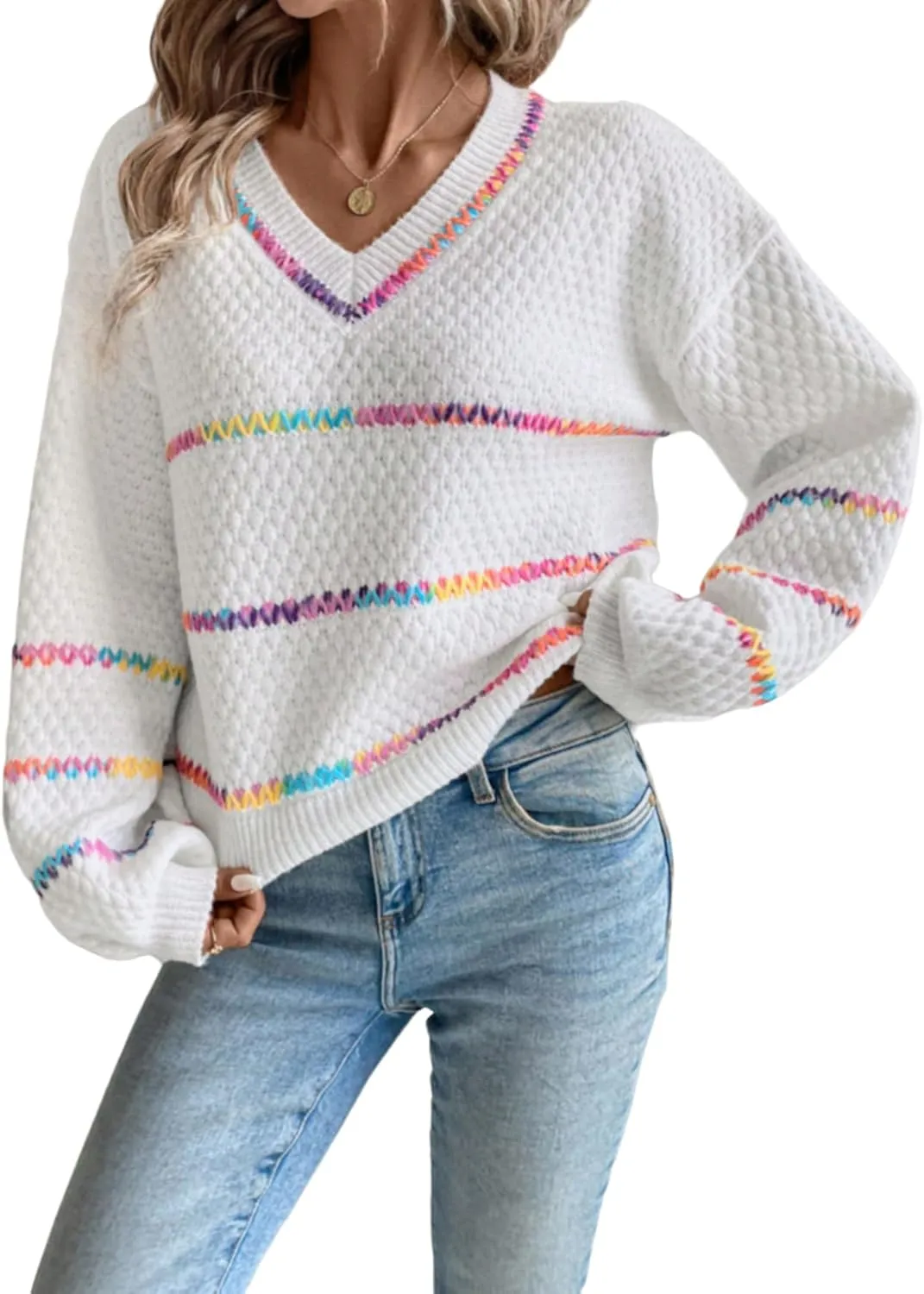 COZYEASE Women's V Neck Striped Color Block Sweater Drop Shoulder Long Sleeve Trendy Pullovers Knitwear