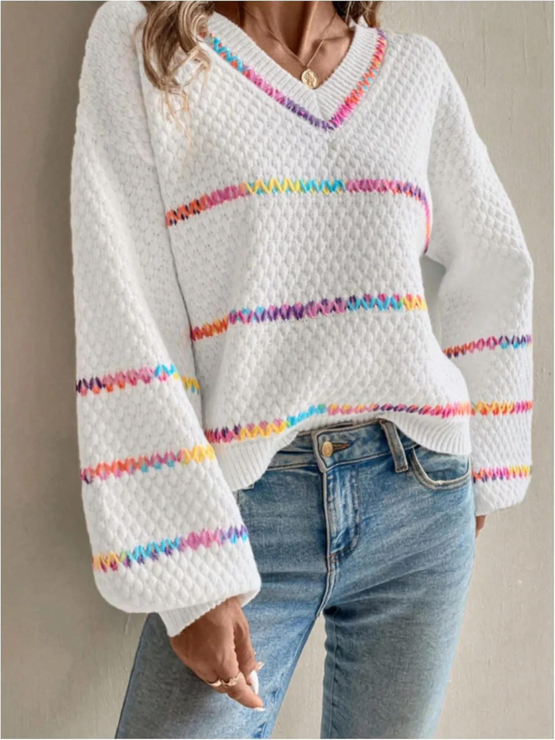 COZYEASE Women's V Neck Striped Color Block Sweater Drop Shoulder Long Sleeve Trendy Pullovers Knitwear