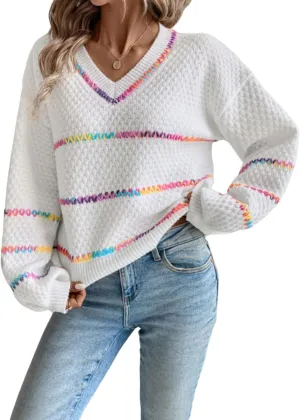 COZYEASE Women's V Neck Striped Color Block Sweater Drop Shoulder Long Sleeve Trendy Pullovers Knitwear