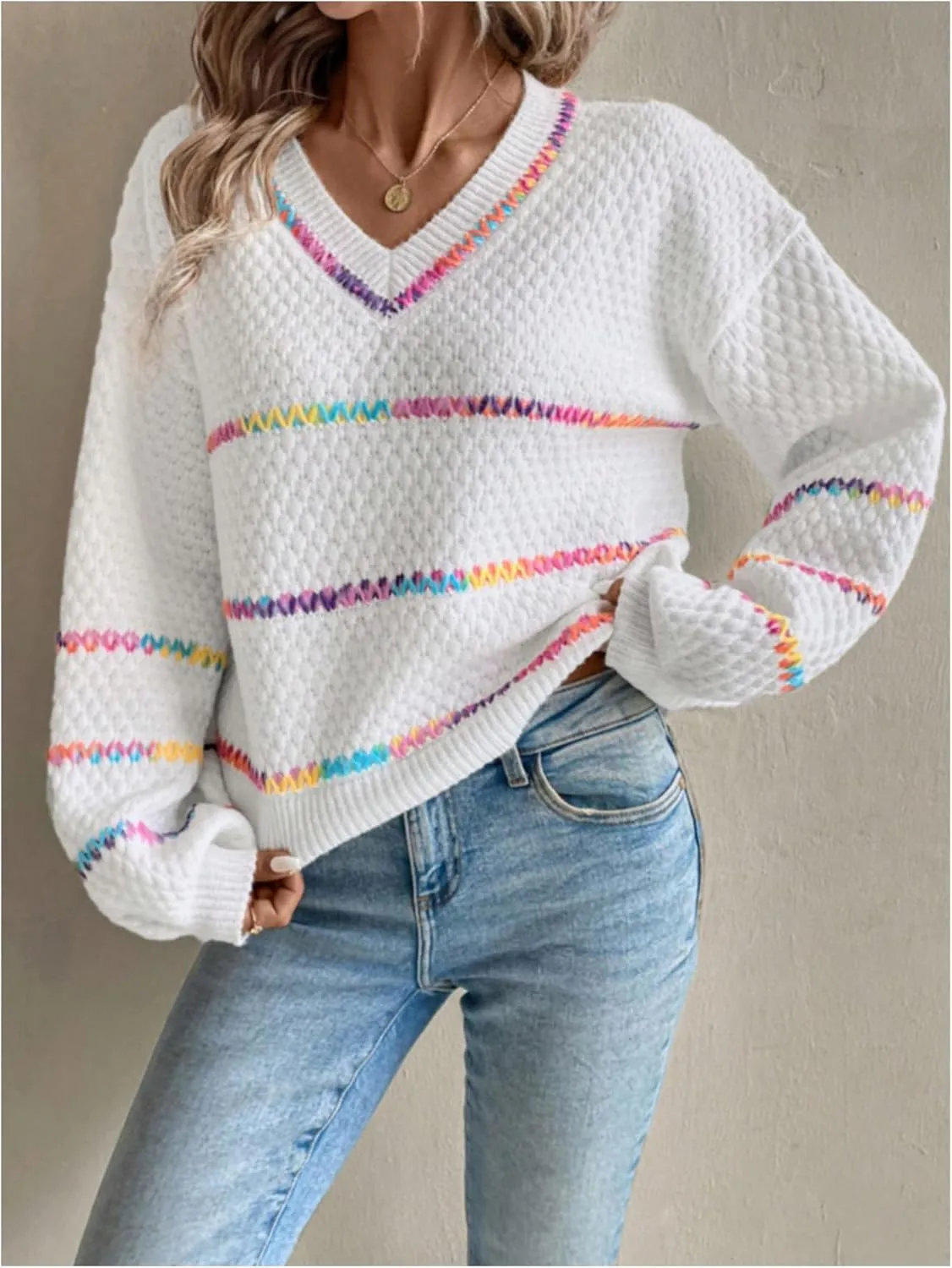 COZYEASE Women's V Neck Striped Color Block Sweater Drop Shoulder Long Sleeve Trendy Pullovers Knitwear