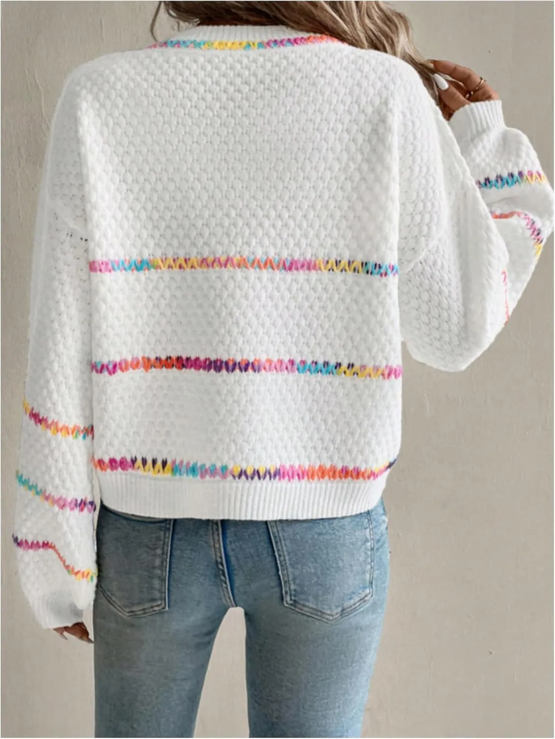 COZYEASE Women's V Neck Striped Color Block Sweater Drop Shoulder Long Sleeve Trendy Pullovers Knitwear