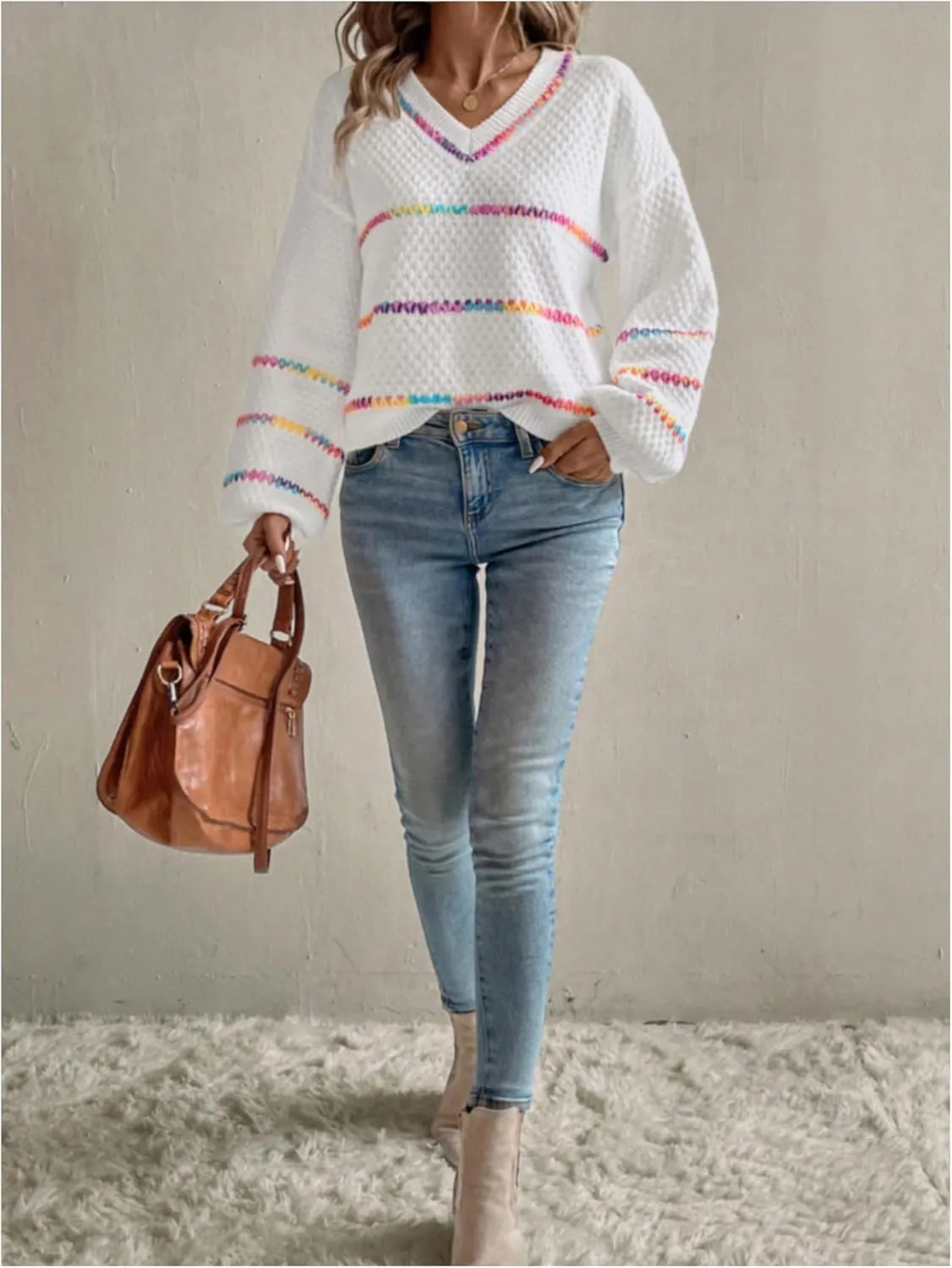 COZYEASE Women's V Neck Striped Color Block Sweater Drop Shoulder Long Sleeve Trendy Pullovers Knitwear