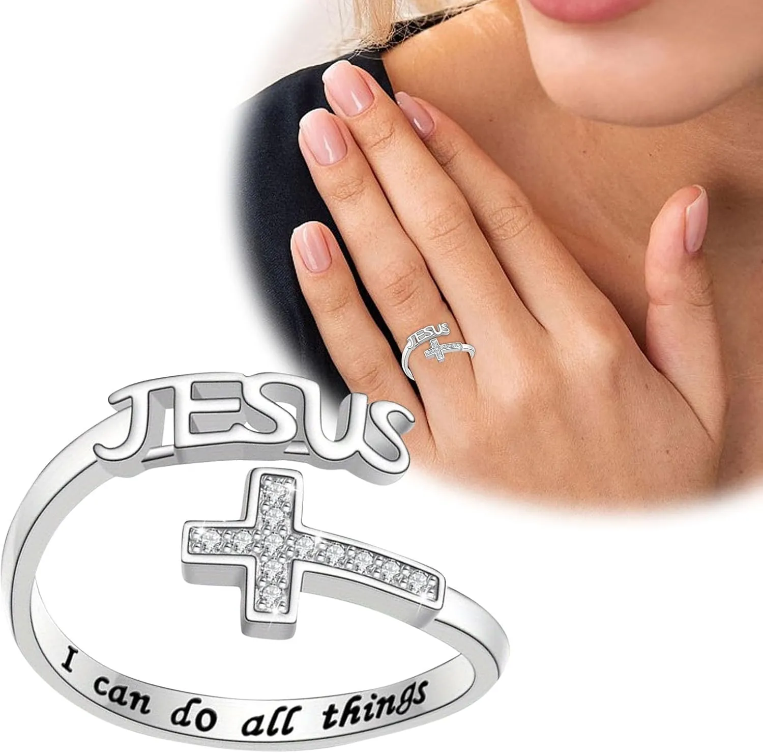 Cross Ring, Faith Ring Sterling Silver Adjustable Cross Wrap Ring Christian Fashion Band Ring for Women Girlfriend Gift Couples Rings