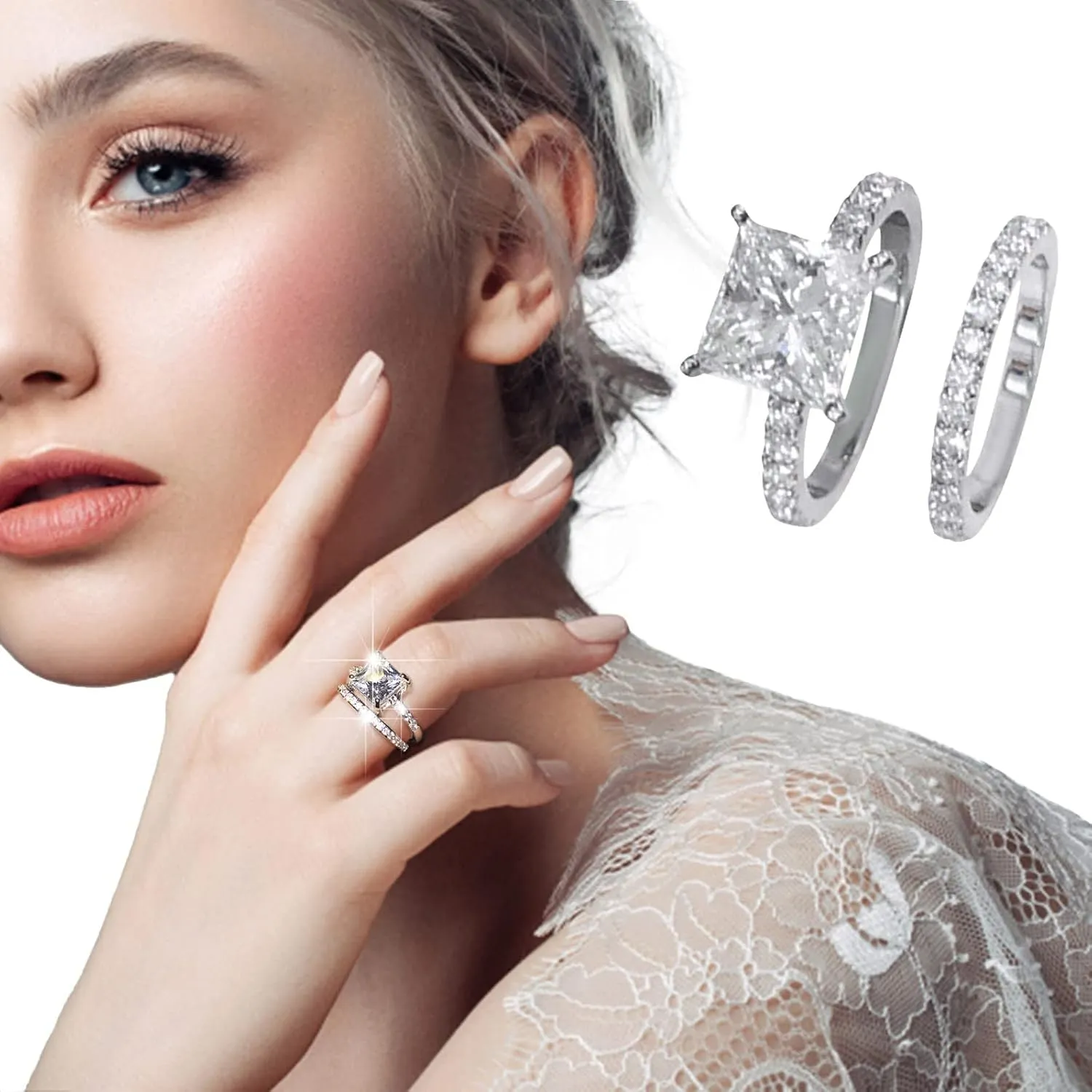 Cubic Zirconia Two-in-One Cushion Cut Wedding Bands for Women, Engagement Promise Ring for Women Bridal Sets
