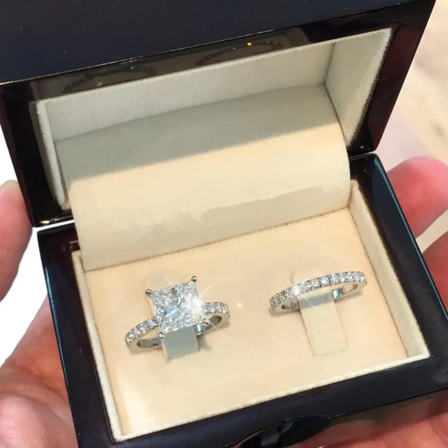 Cubic Zirconia Two-in-One Cushion Cut Wedding Bands for Women, Engagement Promise Ring for Women Bridal Sets