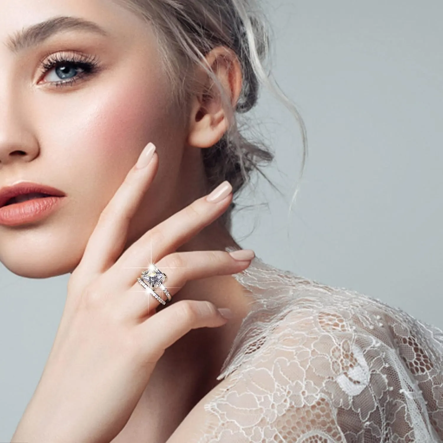 Cubic Zirconia Two-in-One Cushion Cut Wedding Bands for Women, Engagement Promise Ring for Women Bridal Sets