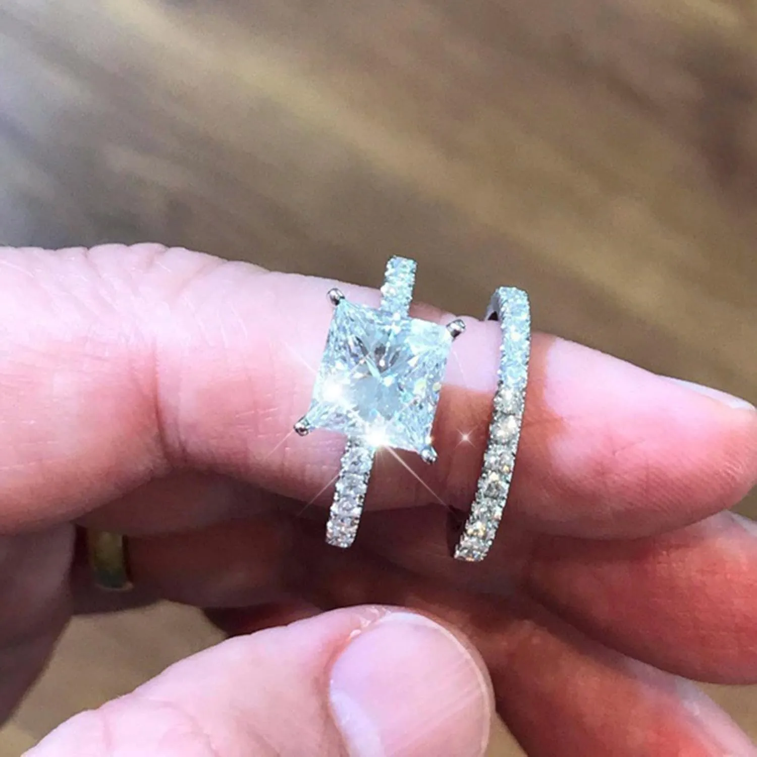 Cubic Zirconia Two-in-One Cushion Cut Wedding Bands for Women, Engagement Promise Ring for Women Bridal Sets