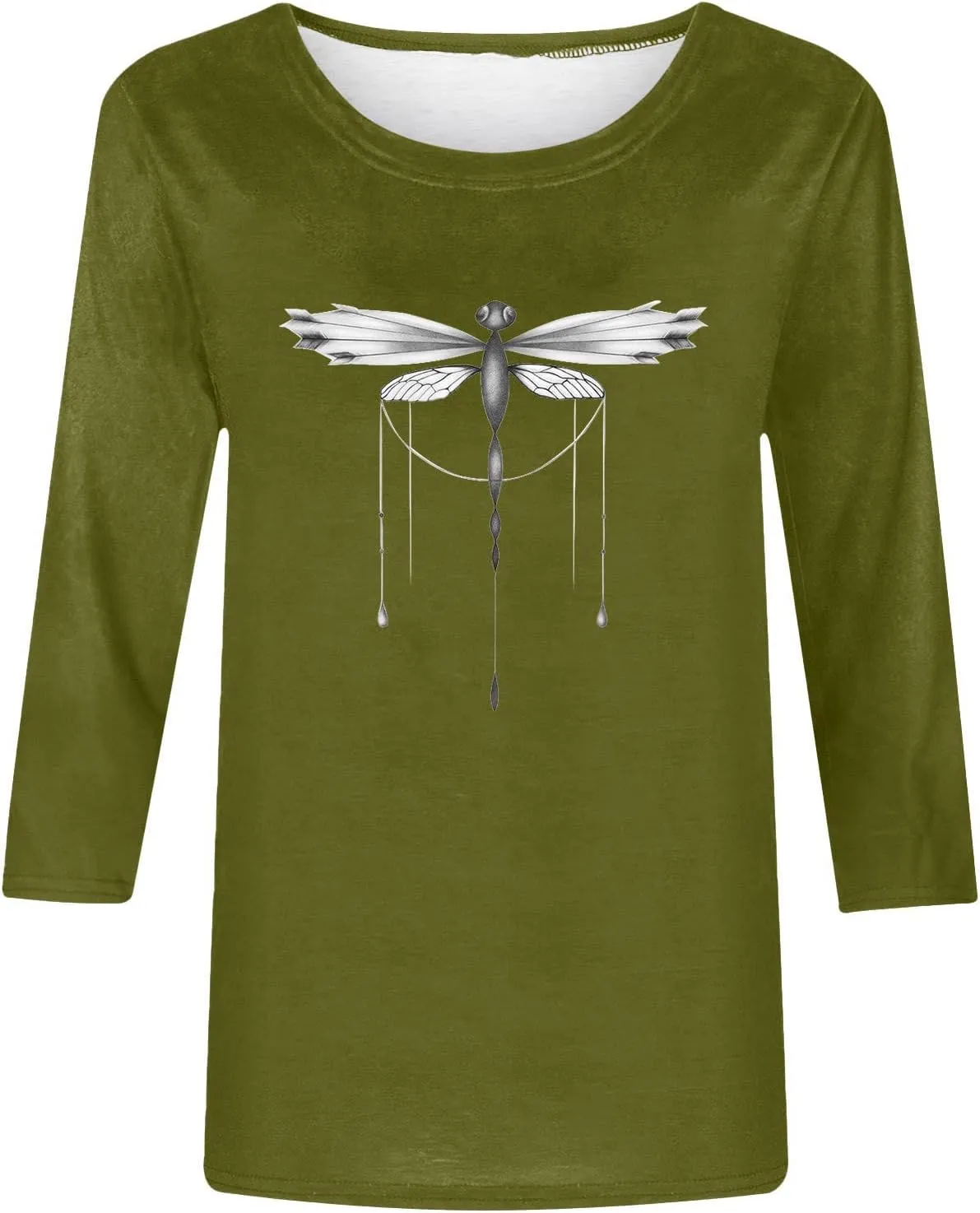Cute Graphic 3/4 Sleeve Tops for Women Causal 2024 Summer Three Quarter Elbow Length Dragonfly Print Shirt Blouse