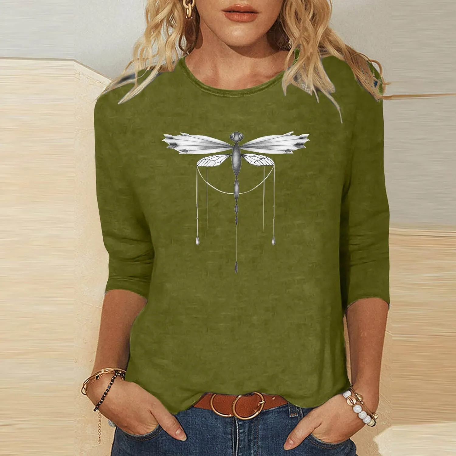 Cute Graphic 3/4 Sleeve Tops for Women Causal 2024 Summer Three Quarter Elbow Length Dragonfly Print Shirt Blouse