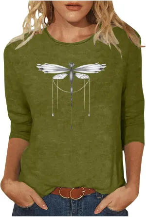 Cute Graphic 3/4 Sleeve Tops for Women Causal 2024 Summer Three Quarter Elbow Length Dragonfly Print Shirt Blouse