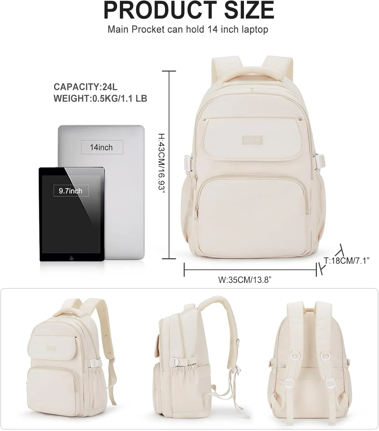 Cute Middle School Backpack For Teen Girls,Waterproof Casual Bookbags,Lightweight Travel Daypack,Basic Laptop College Backpack For Women(White)