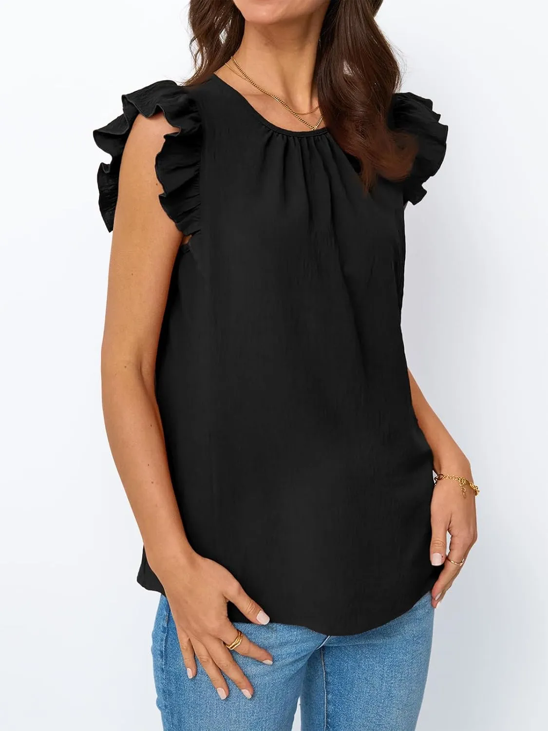 Dealmore Womens Dressy Casual Blouses Cap Ruffle Sleeve Summer Tops Business Work T Shirts Basic Pleated Tunic 2025
