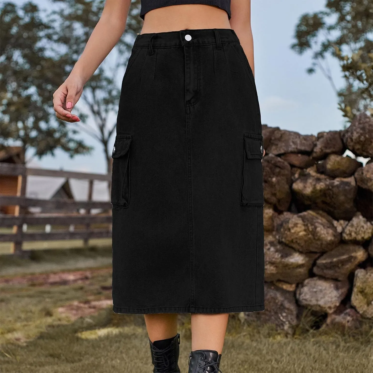Denim Skirt for Women Below Knee Length High Waisted Jean Skirts Trendy Casual Cute Midi Cargo Skirt Y2K Streetwear