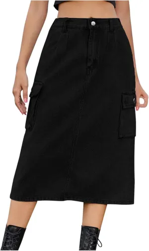 Denim Skirt for Women Below Knee Length High Waisted Jean Skirts Trendy Casual Cute Midi Cargo Skirt Y2K Streetwear