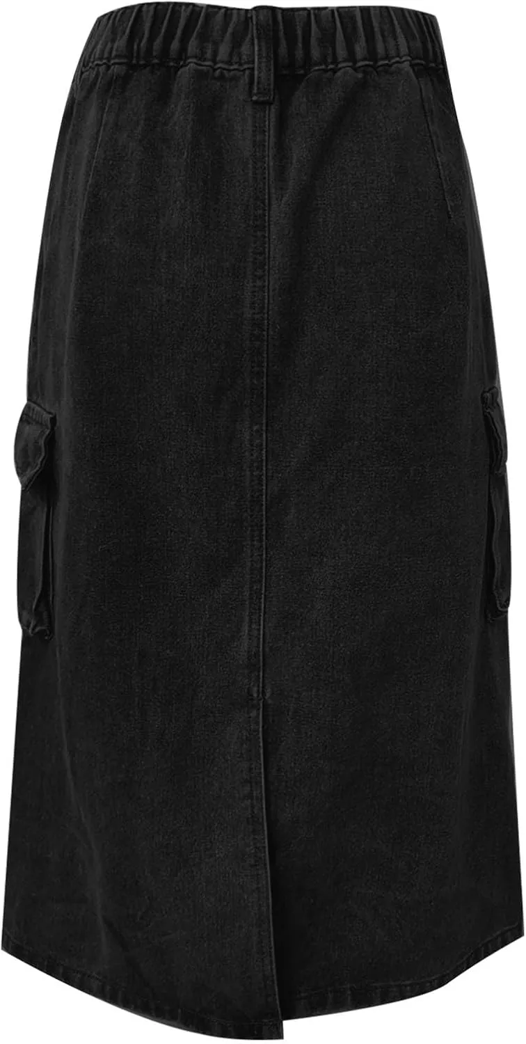 Denim Skirt for Women Below Knee Length High Waisted Jean Skirts Trendy Casual Cute Midi Cargo Skirt Y2K Streetwear