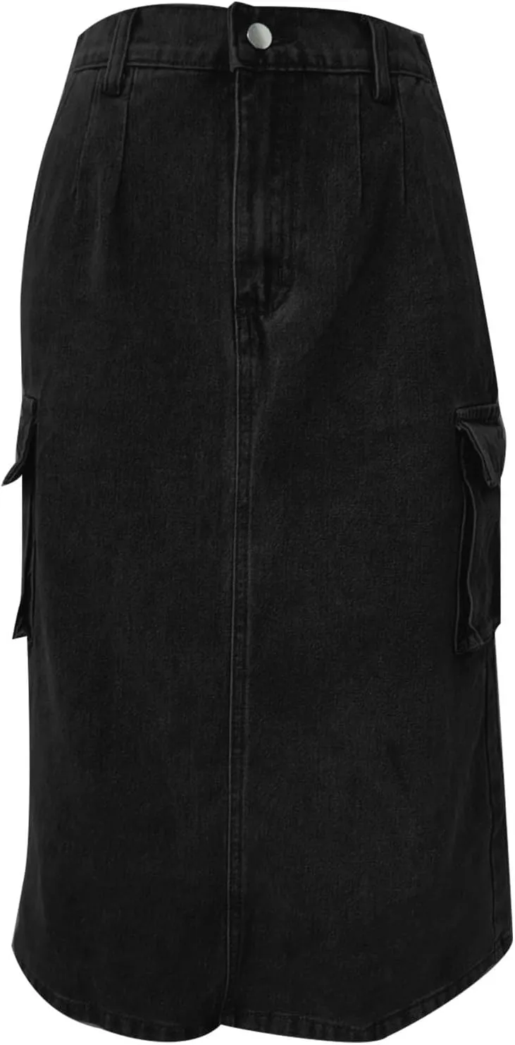 Denim Skirt for Women Below Knee Length High Waisted Jean Skirts Trendy Casual Cute Midi Cargo Skirt Y2K Streetwear