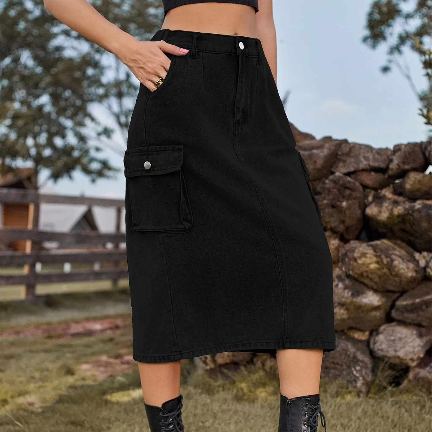 Denim Skirt for Women Below Knee Length High Waisted Jean Skirts Trendy Casual Cute Midi Cargo Skirt Y2K Streetwear