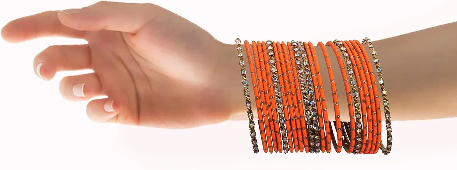 Desi Indian Bangles For Women - Set Of 22 Pcs Bollywood Indian Jewelry Sets For Women, 80s Accessories Bangle Bracelets Party Favors Alloy Metal Churi