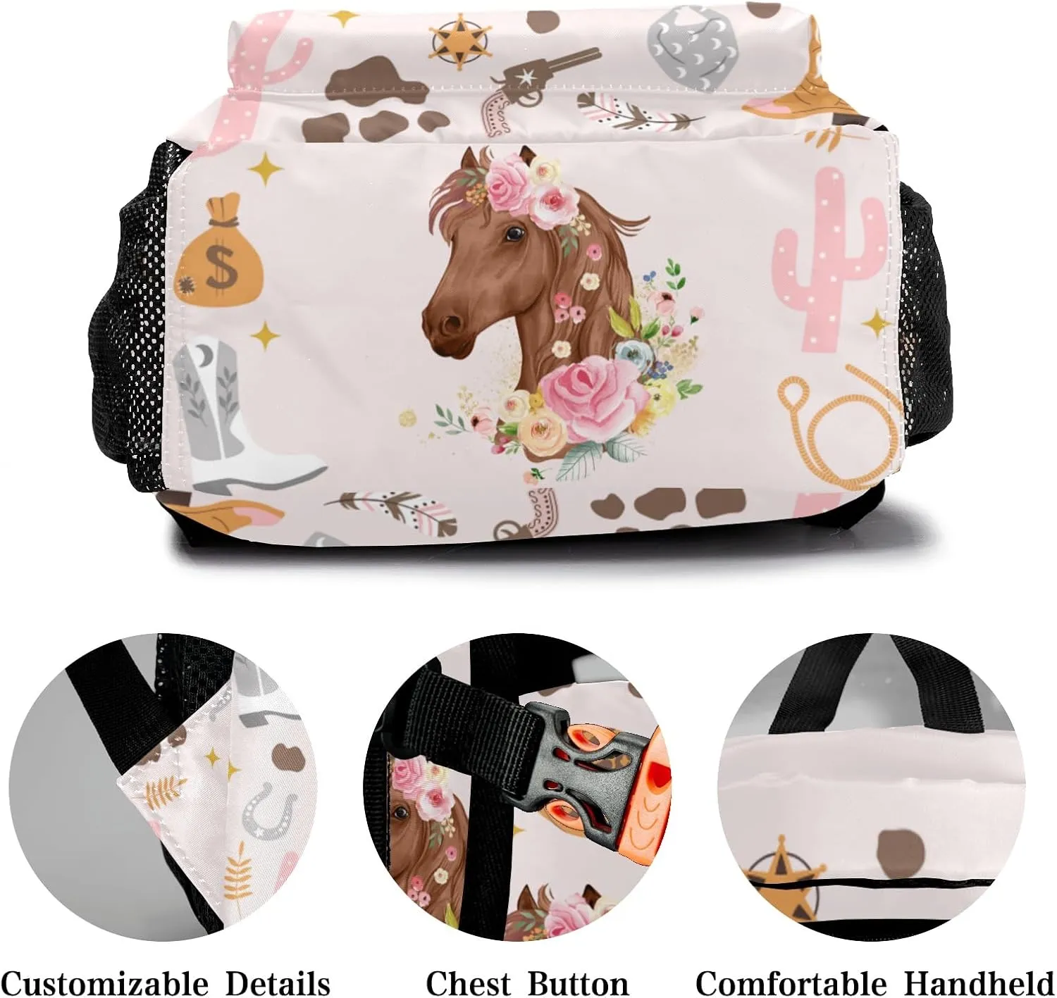 Deven Cowgirl Western Floral Horse Personalized Kids for Boy/Girl Teen Primary School Daypack Travel Bag Bookbag