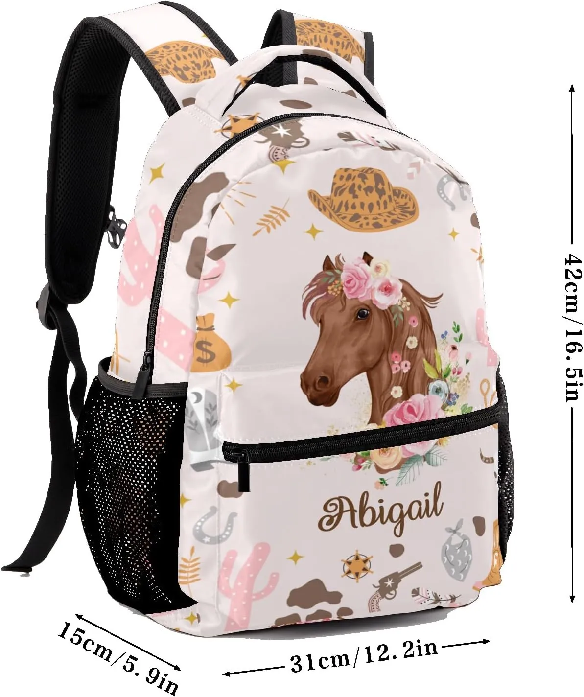 Deven Cowgirl Western Floral Horse Personalized Kids for Boy/Girl Teen Primary School Daypack Travel Bag Bookbag