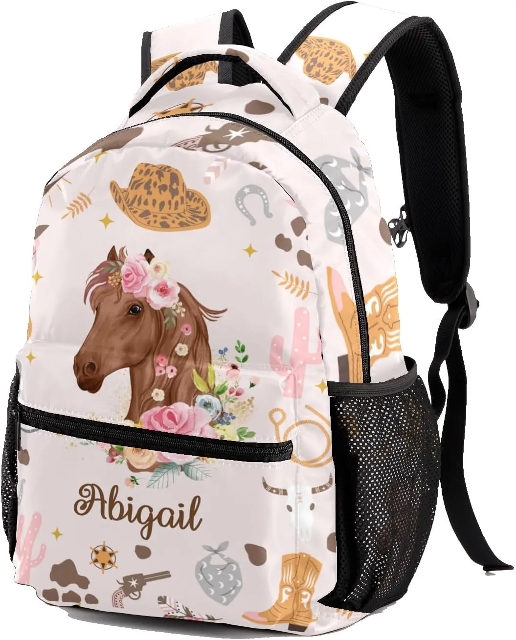 Deven Cowgirl Western Floral Horse Personalized Kids for Boy/Girl Teen Primary School Daypack Travel Bag Bookbag
