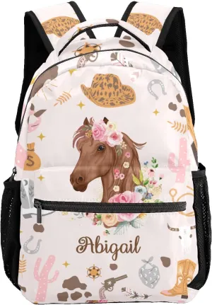 Deven Cowgirl Western Floral Horse Personalized Kids for Boy/Girl Teen Primary School Daypack Travel Bag Bookbag
