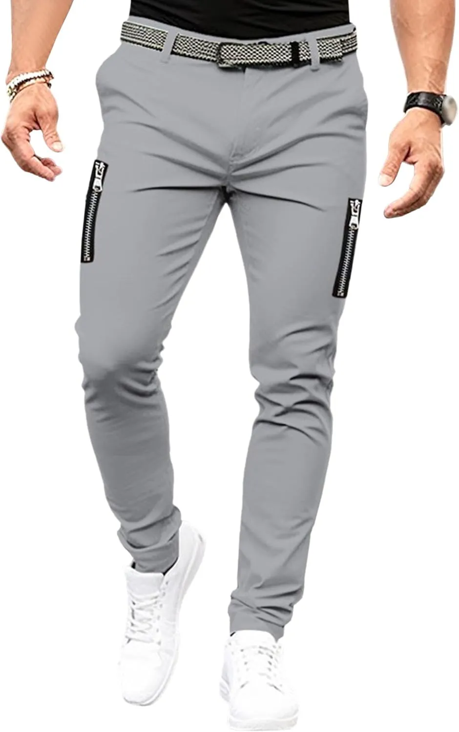 DGHM-JLMY Mens Chinos Slim Fit Pants Comfort Casual Solid Trousers Skinny Tapered Dress Pants with Zipper Pockets