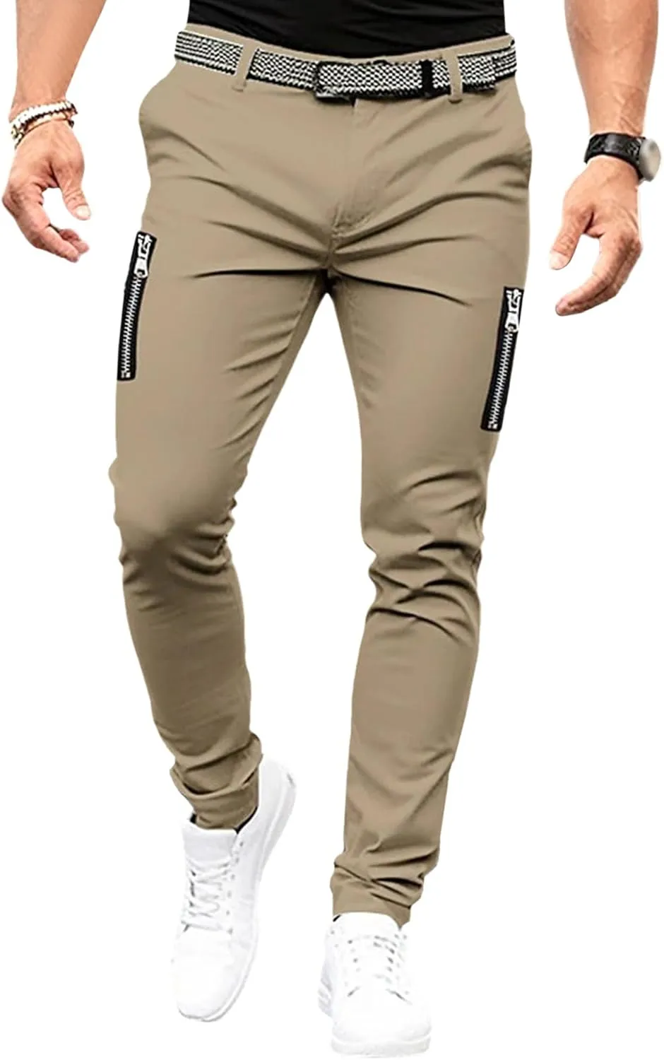 DGHM-JLMY Mens Chinos Slim Fit Pants Comfort Casual Solid Trousers Skinny Tapered Dress Pants with Zipper Pockets