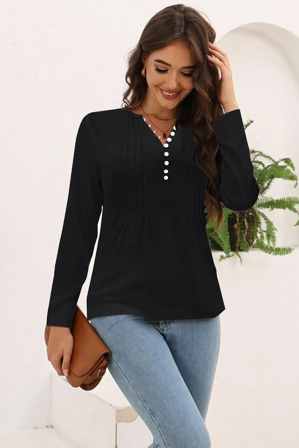 Disamer Womens T Shirts 2025 Fashion Tops Long Sleeve Pleated Dressy Casual Button Down Blouses Fall Clothes