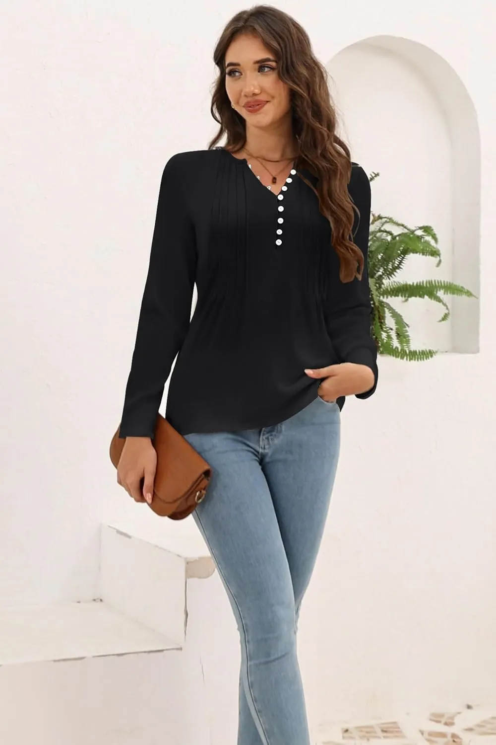 Disamer Womens T Shirts 2025 Fashion Tops Long Sleeve Pleated Dressy Casual Button Down Blouses Fall Clothes
