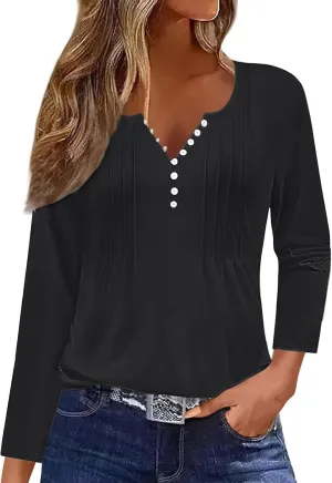 Disamer Womens T Shirts 2025 Fashion Tops Long Sleeve Pleated Dressy Casual Button Down Blouses Fall Clothes