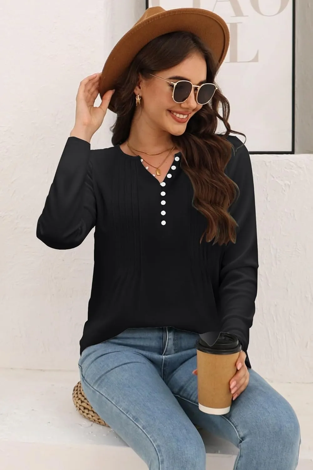 Disamer Womens T Shirts 2025 Fashion Tops Long Sleeve Pleated Dressy Casual Button Down Blouses Fall Clothes