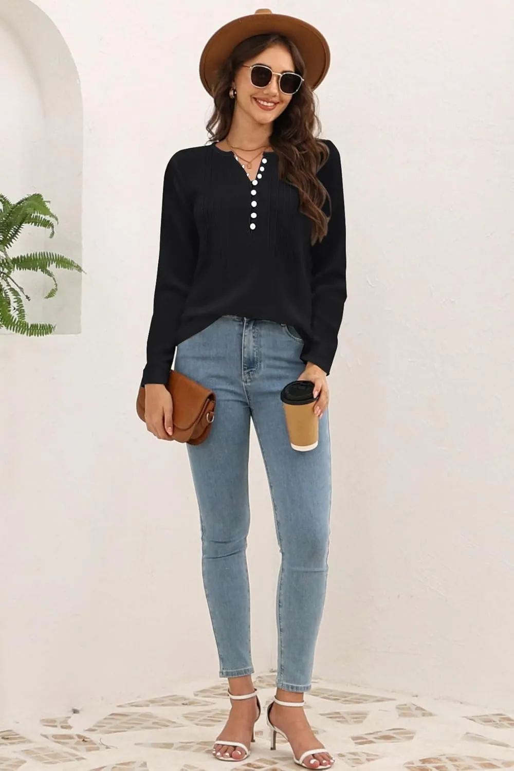 Disamer Womens T Shirts 2025 Fashion Tops Long Sleeve Pleated Dressy Casual Button Down Blouses Fall Clothes