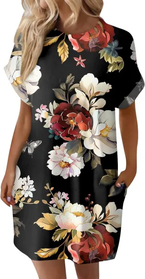DPKLAD Womens Casual Summer T Shirt Dress Loose Short Sleeve Tunic Dress with Pocket for Women